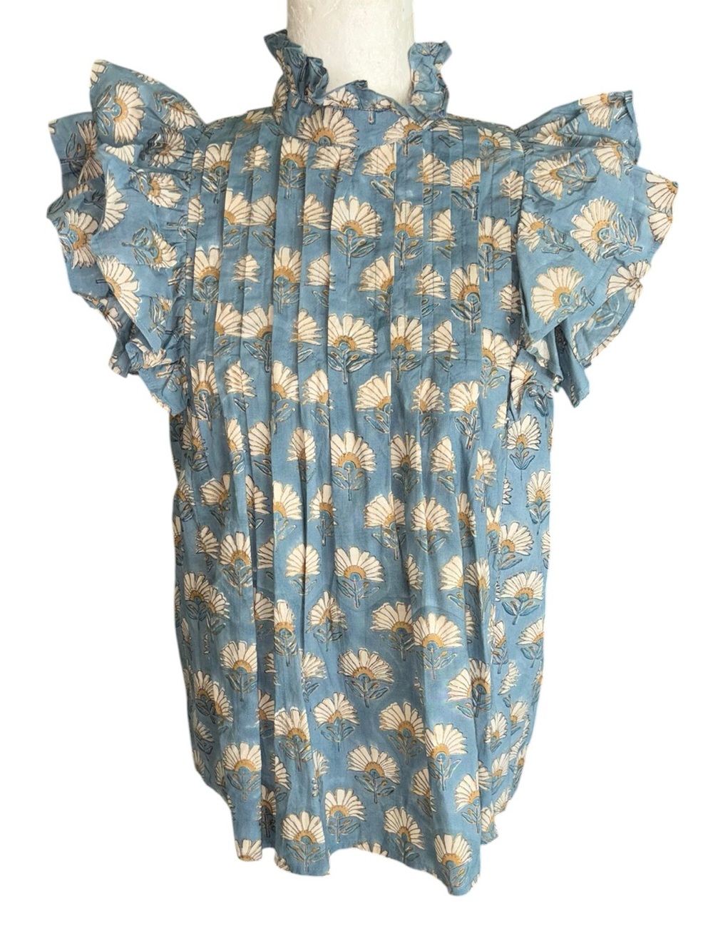 Victoria Dunn Jasmine Bluestone Blue & Metallic Gold Floral Ruffle Blouse - XS